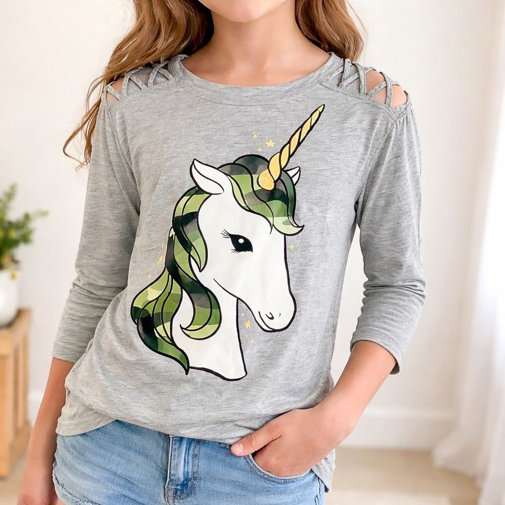 Justice Girls Size 14 Unicorn Graphic Crisscross Shoulder 3/4 Sleeve Top